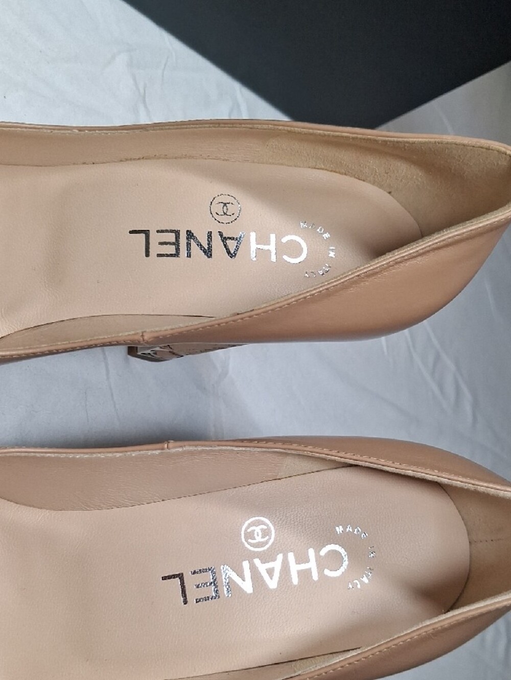 CHANEL Beige Leather Peep-Toe Pumps with Embellished Block Heel - Picture 6 of 12